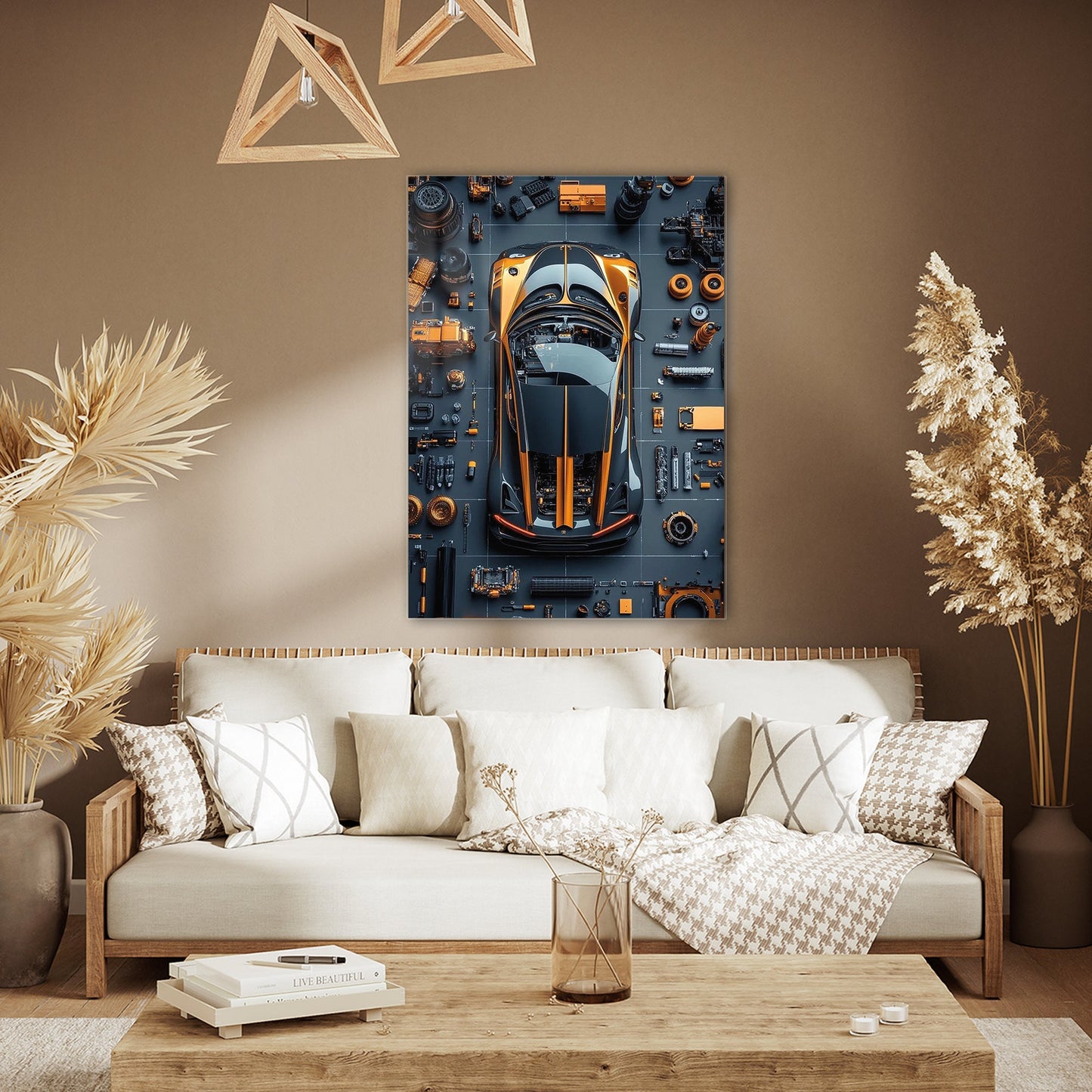 Süper Spor Araba Cam Tablo – Teknik Parçalar Üstten Görünüm