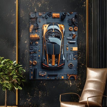 Süper Spor Araba Cam Tablo – Teknik Parçalar Üstten Görünüm