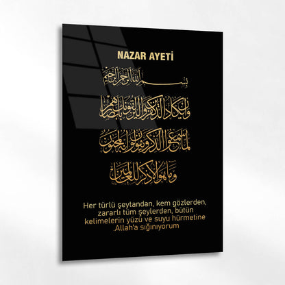 Nazar Ayeti Siyah Gold Hat Yazılı Cam Tablo
