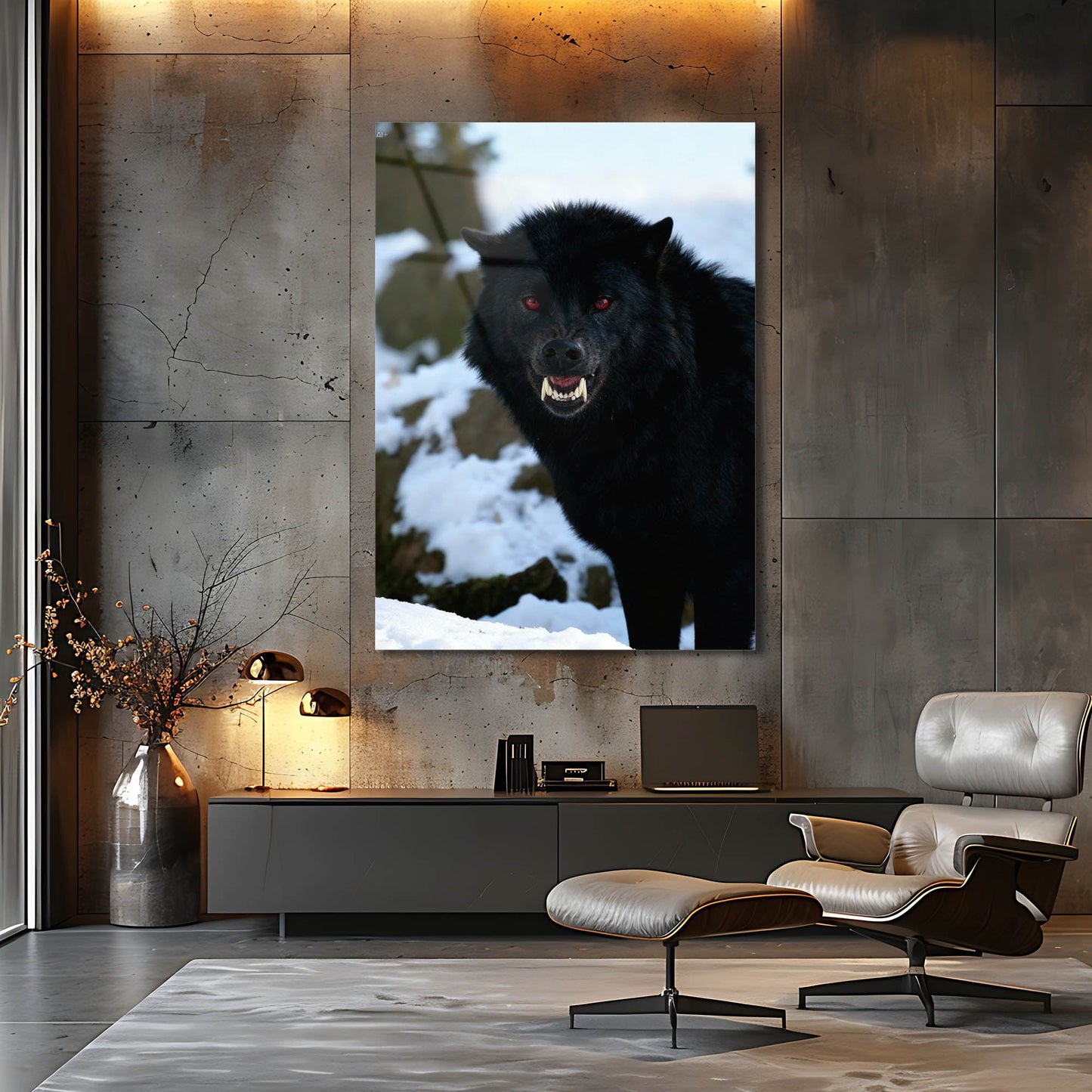 Siyah Kurt Kış Orman Cam Tablo