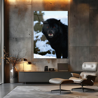 Siyah Kurt Kış Orman Cam Tablo