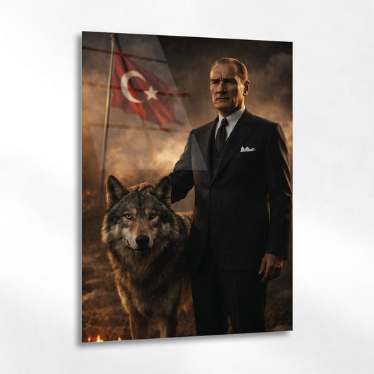 Atatürk Kurt Figürlü Milli Güç Cam Tablo - Ev, ofis dekorasyon