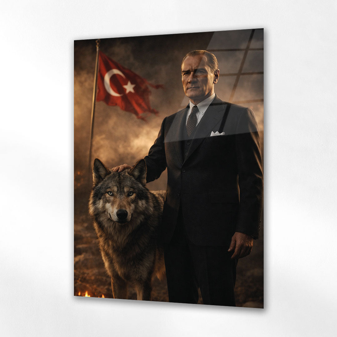 Atatürk Kurt Figürlü Milli Güç Cam Tablo - Ev, ofis dekorasyon