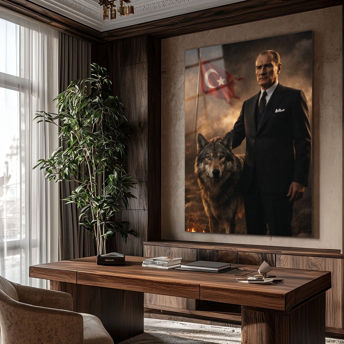 Atatürk Kurt Figürlü Milli Güç Cam Tablo - Ev, ofis dekorasyon