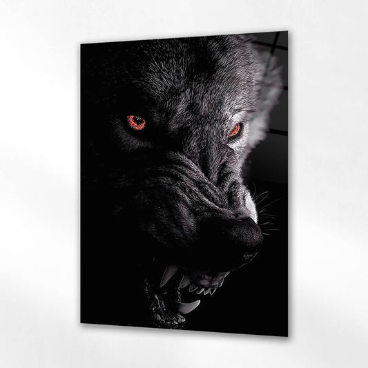 Karanlık Kurt Yarım Yüz Portre Cam Tablo