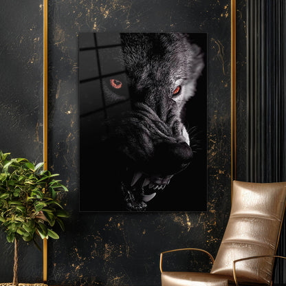 Karanlık Kurt Yarım Yüz Portre Cam Tablo