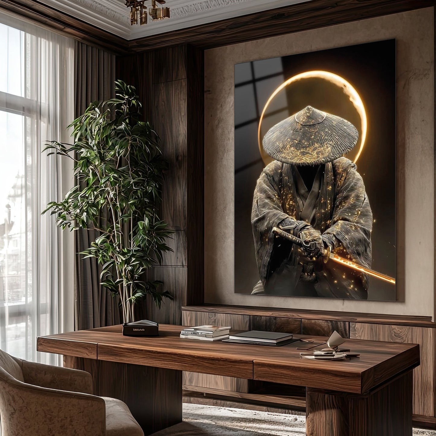 Samuray Savaşçısı Cam Tablo – Kılıçlı Gizemli Figür