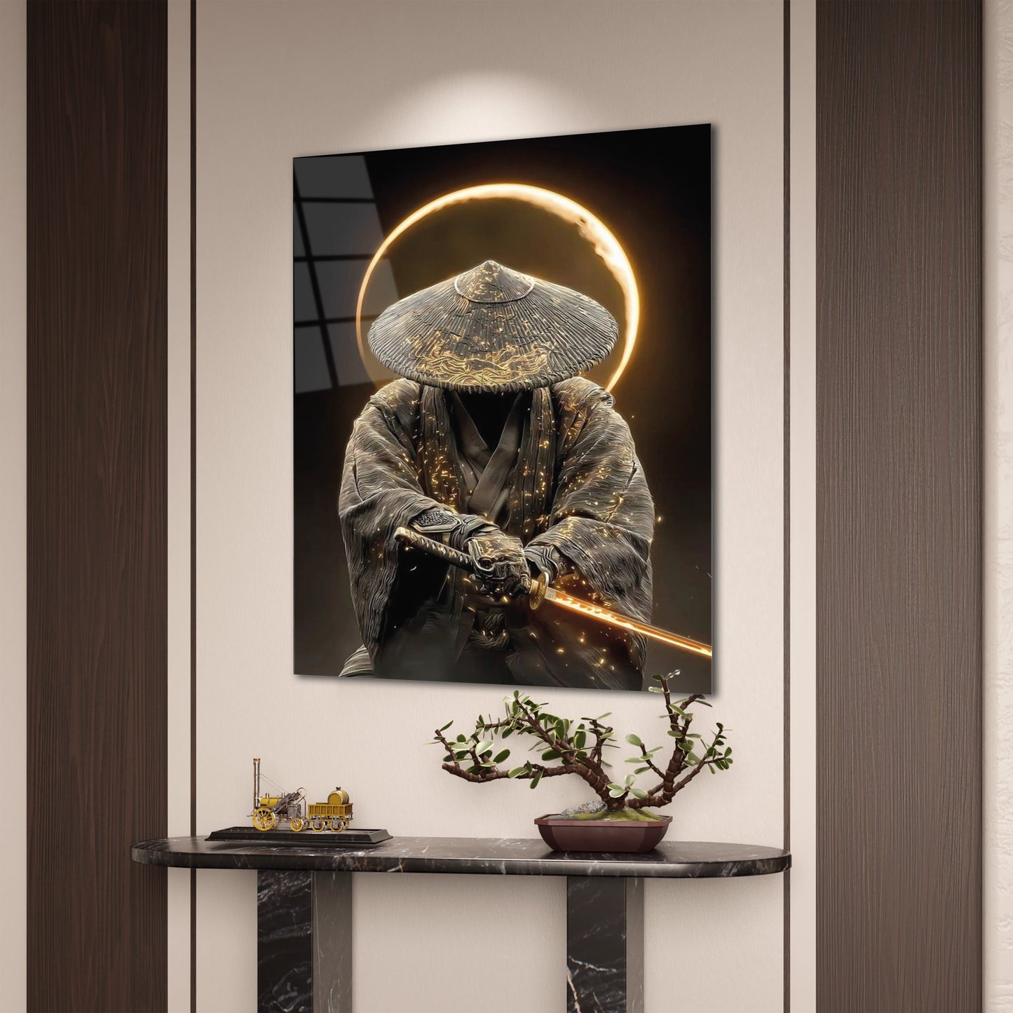 Samuray Savaşçısı Cam Tablo – Kılıçlı Gizemli Figür