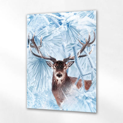 Karlı Çam Ormanı ve Geyik Cam Tablo