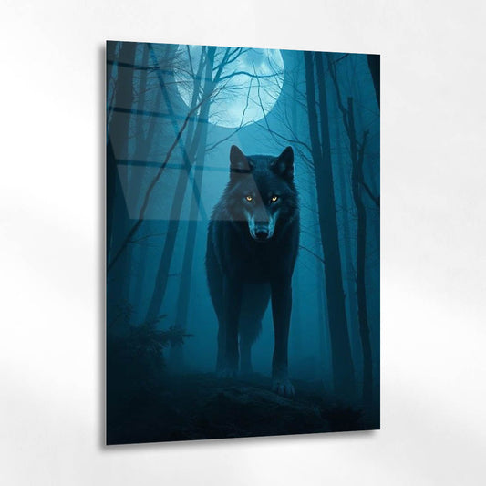 Dolunaylı Orman Kurt Gizem Cam Tablo