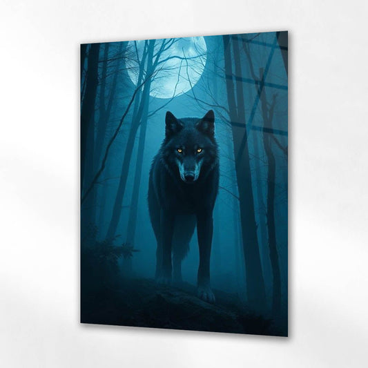 Dolunaylı Orman Kurt Gizem Cam Tablo
