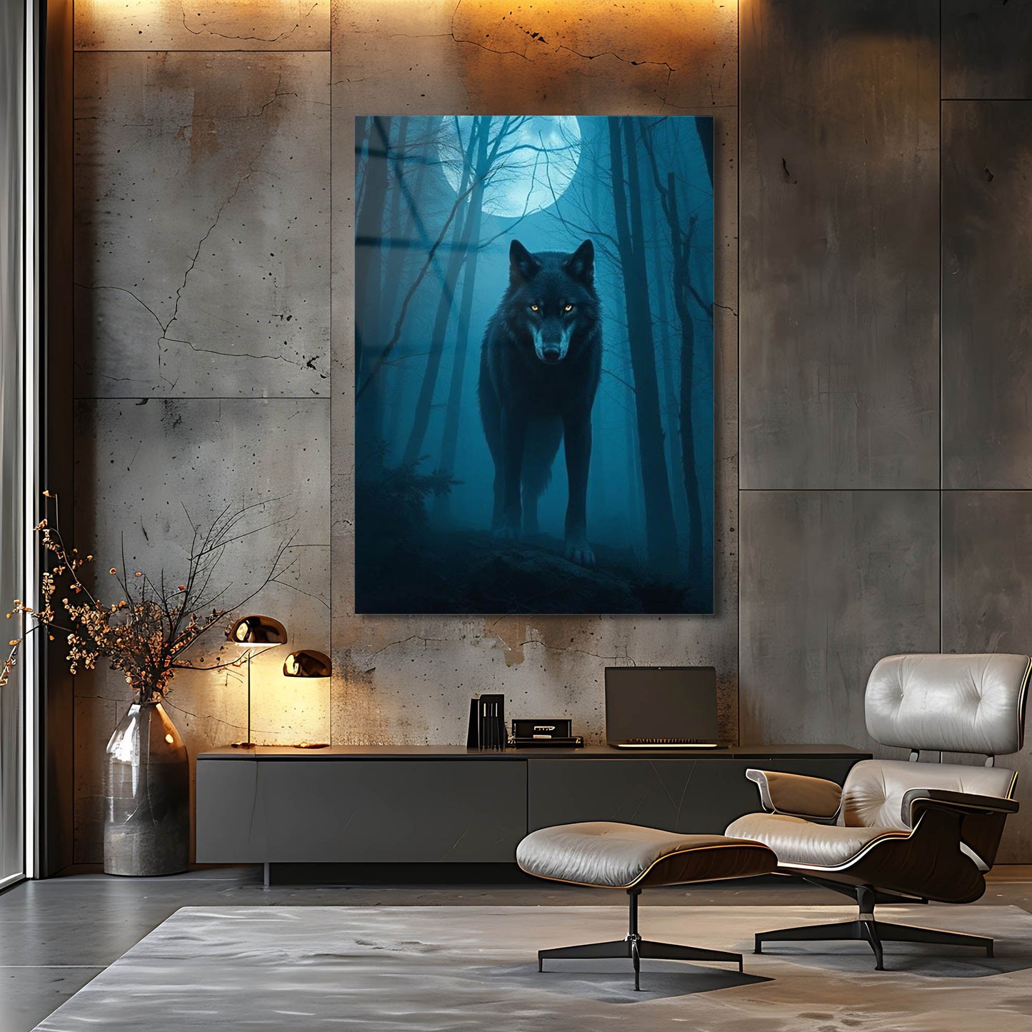 Dolunaylı Orman Kurt Gizem Cam Tablo
