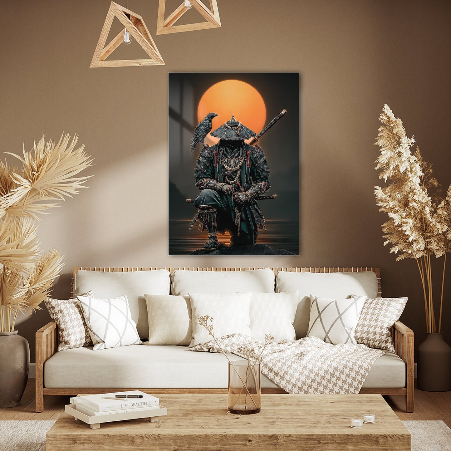 Samuray Savaşçısı Cam Tablo – Güneş Arka Planlı Figür