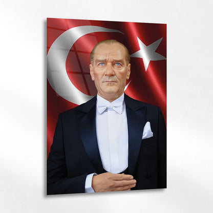 Atatürk Bayrak Önünde Resmi Klasik Portre Cam Tablo