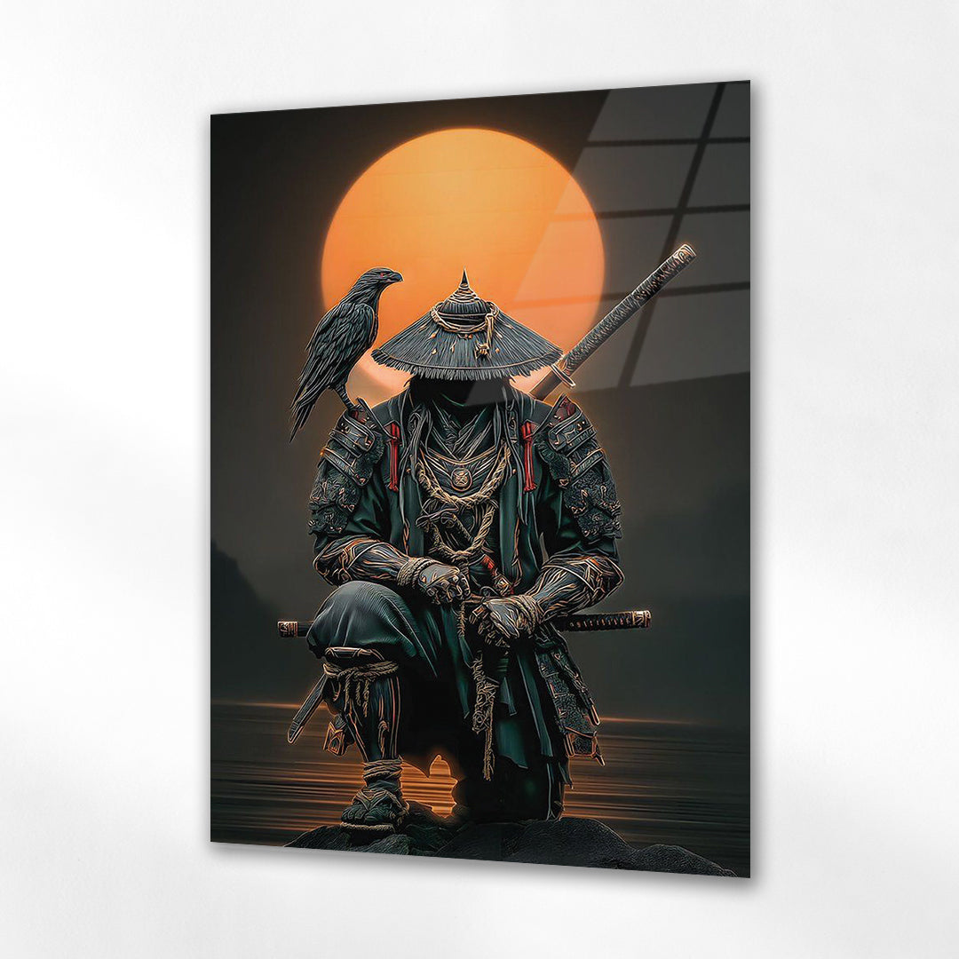 Samuray Savaşçısı Cam Tablo – Güneş Arka Planlı Figür