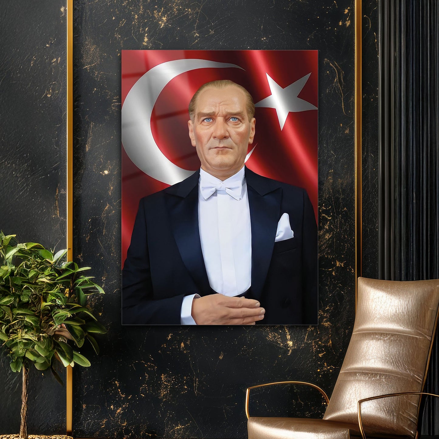 Atatürk Bayrak Önünde Resmi Klasik Portre Cam Tablo
