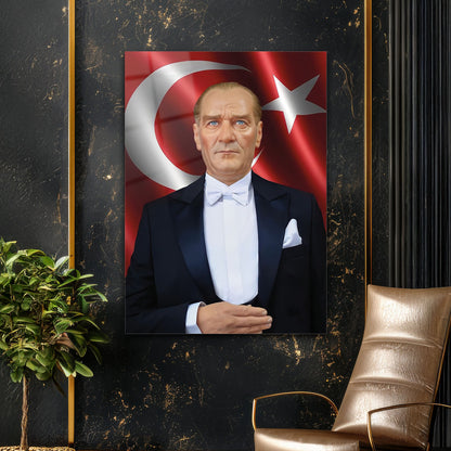 Atatürk Bayrak Önünde Resmi Klasik Portre Cam Tablo