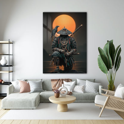 Samuray Savaşçısı Cam Tablo – Güneş Arka Planlı Figür