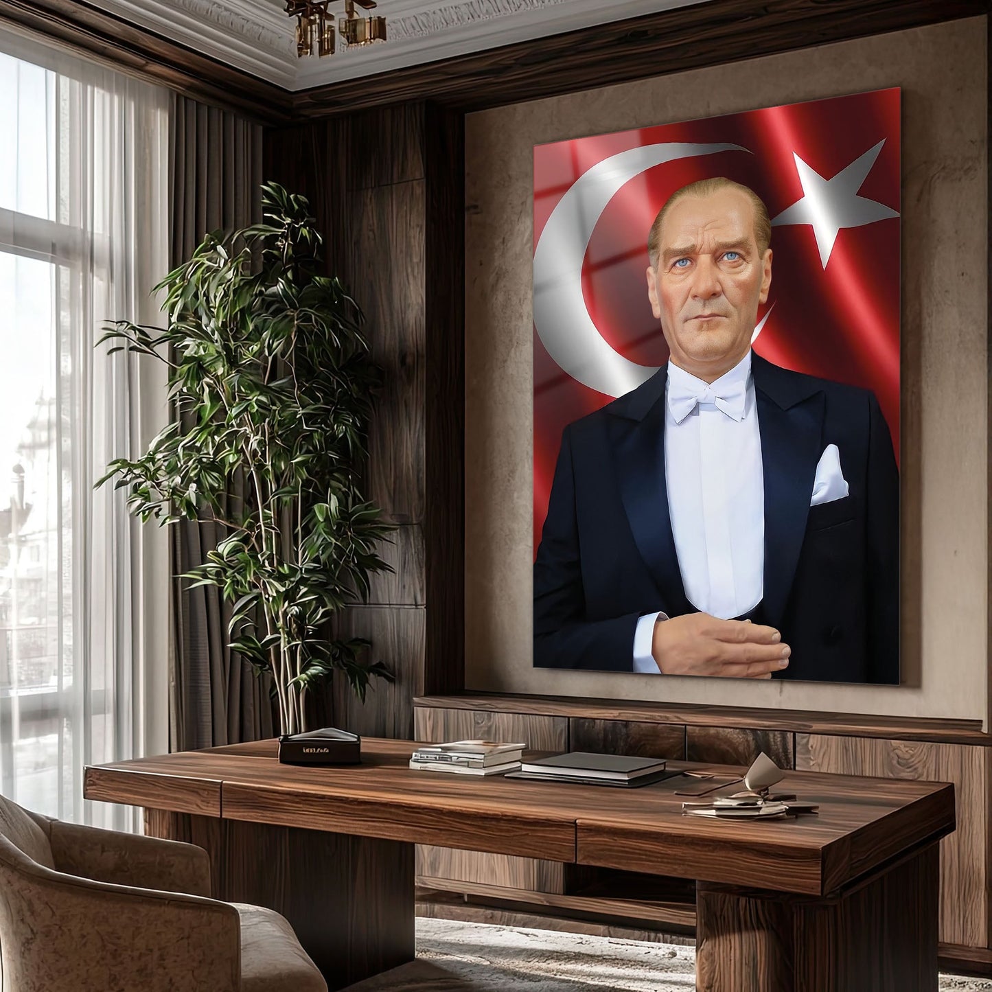 Atatürk Bayrak Önünde Resmi Klasik Portre Cam Tablo
