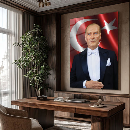 Atatürk Bayrak Önünde Resmi Klasik Portre Cam Tablo