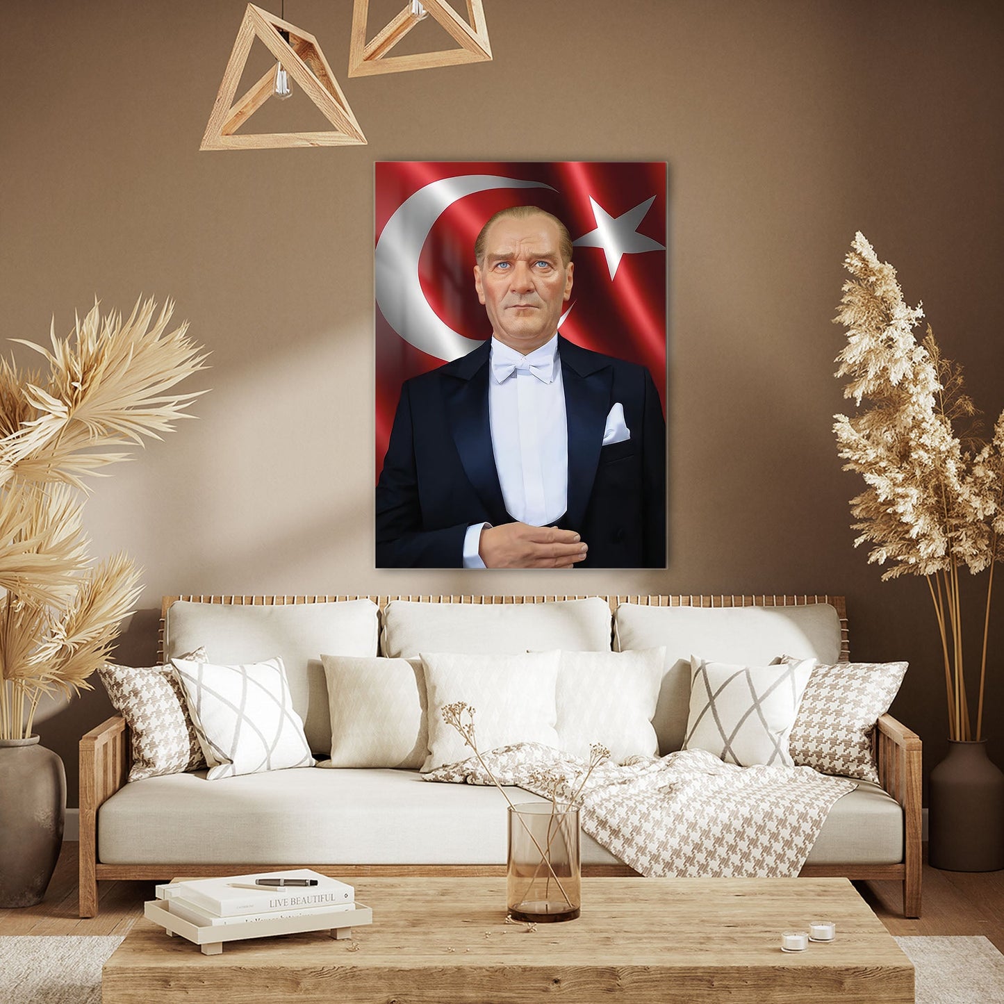 Atatürk Bayrak Önünde Resmi Klasik Portre Cam Tablo