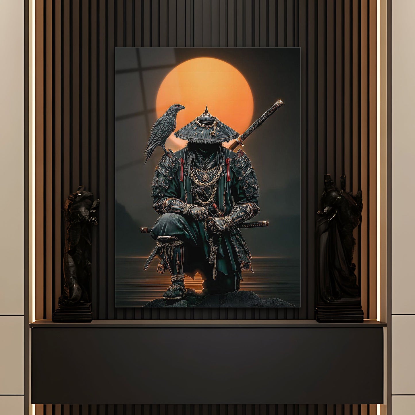 Samuray Savaşçısı Cam Tablo – Güneş Arka Planlı Figür
