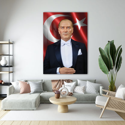 Atatürk Bayrak Önünde Resmi Klasik Portre Cam Tablo