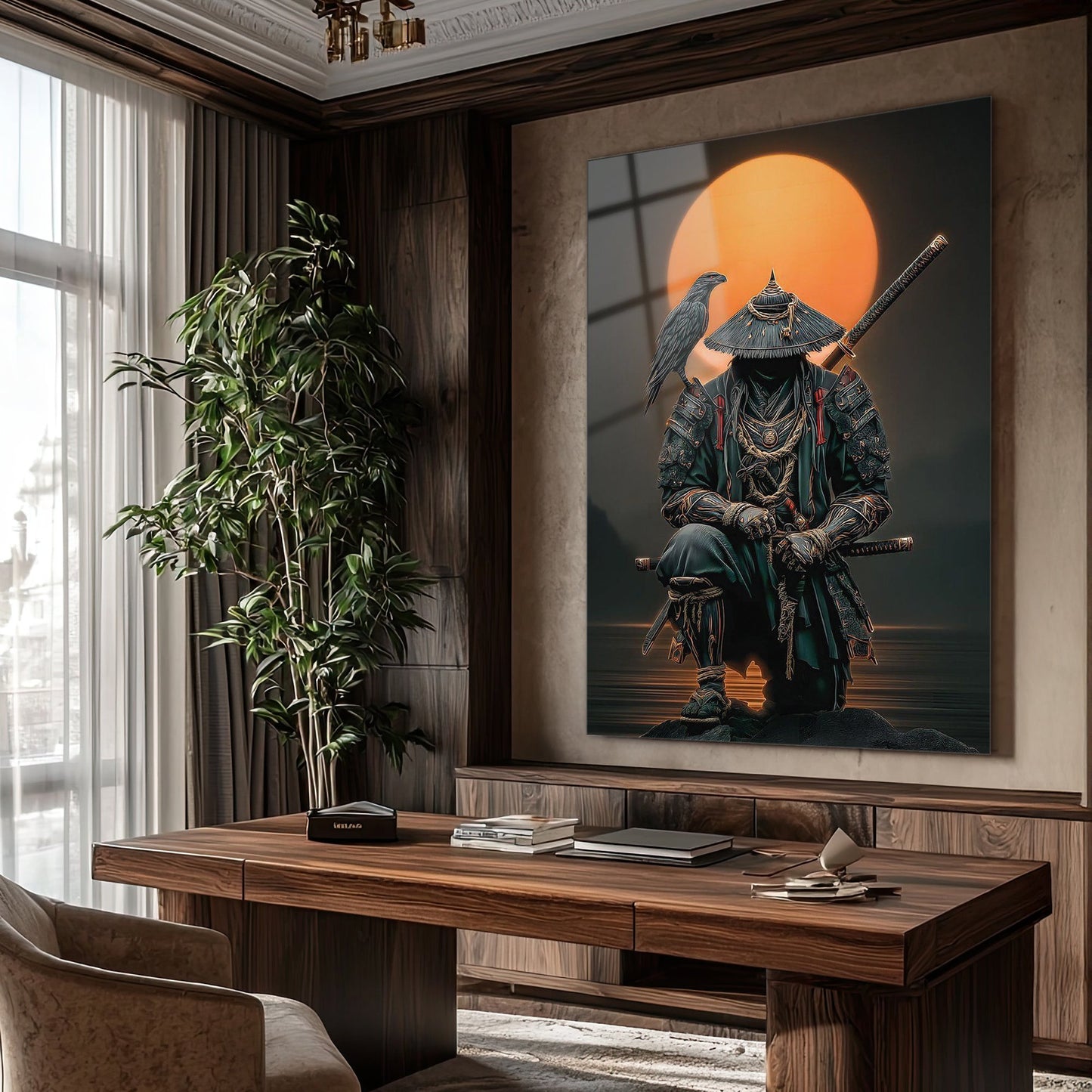 Samuray Savaşçısı Cam Tablo – Güneş Arka Planlı Figür