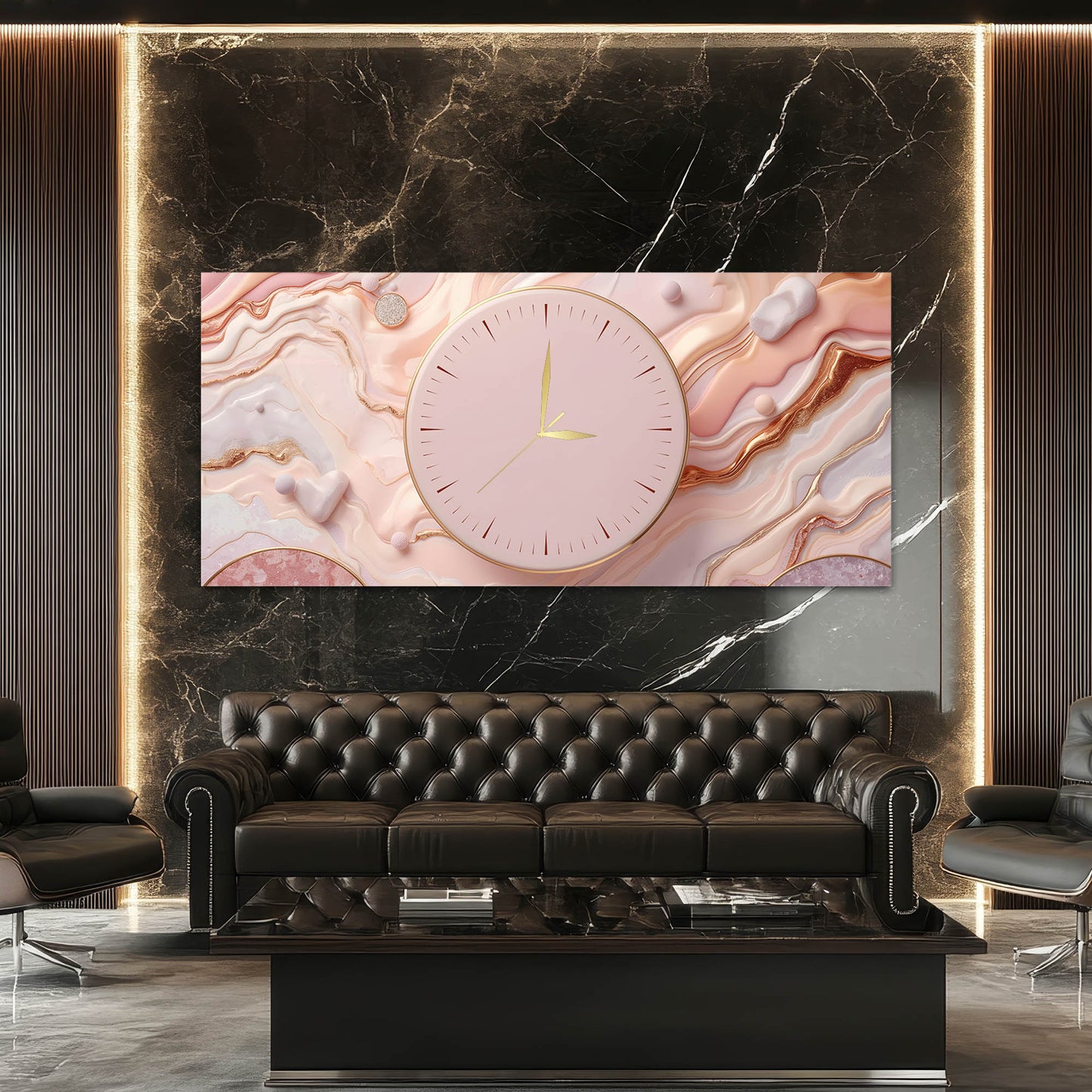 Pembe Mermer Desenli Dekoratif - Saatlı Cam Tablo