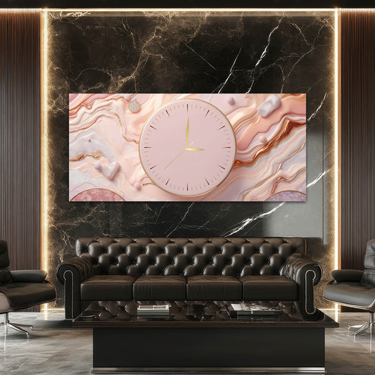 Pembe Mermer Desenli Dekoratif - Saatlı Cam Tablo