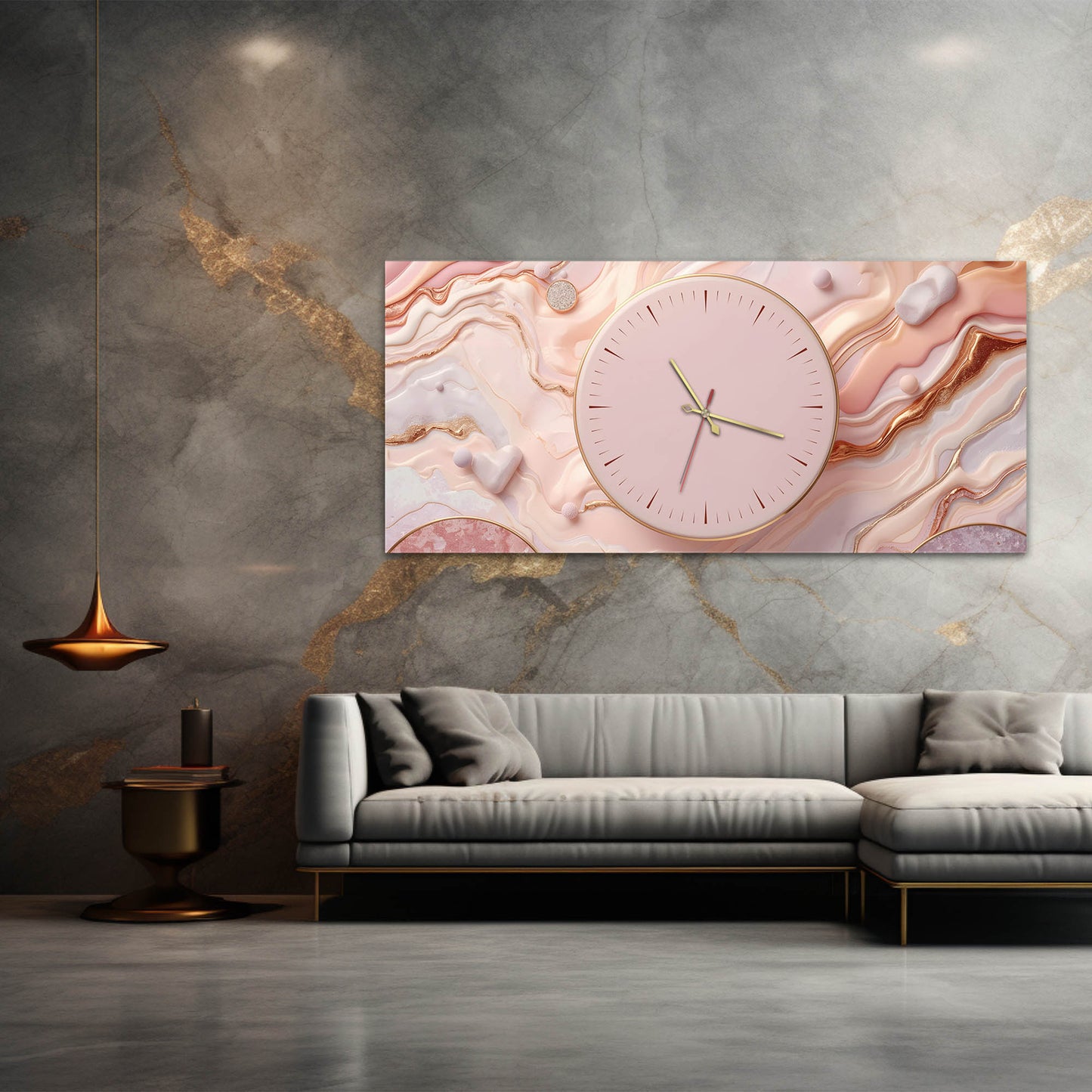 Pembe Mermer Desenli Dekoratif - Saatlı Cam Tablo