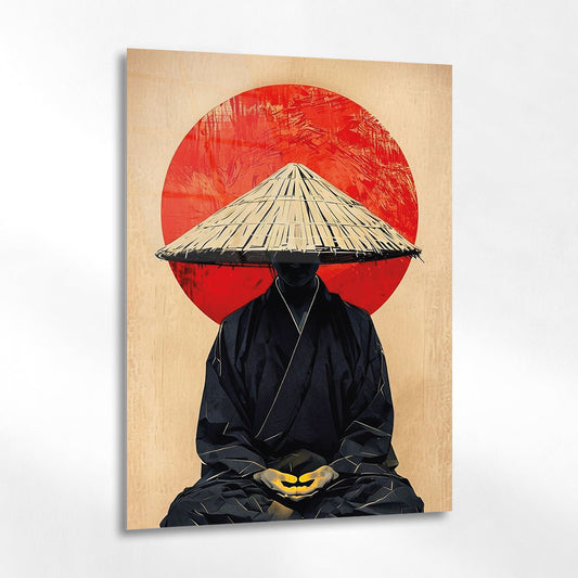 Japon Zen Figürü Cam Tablo – Kırmızı Güneş Arka Plan