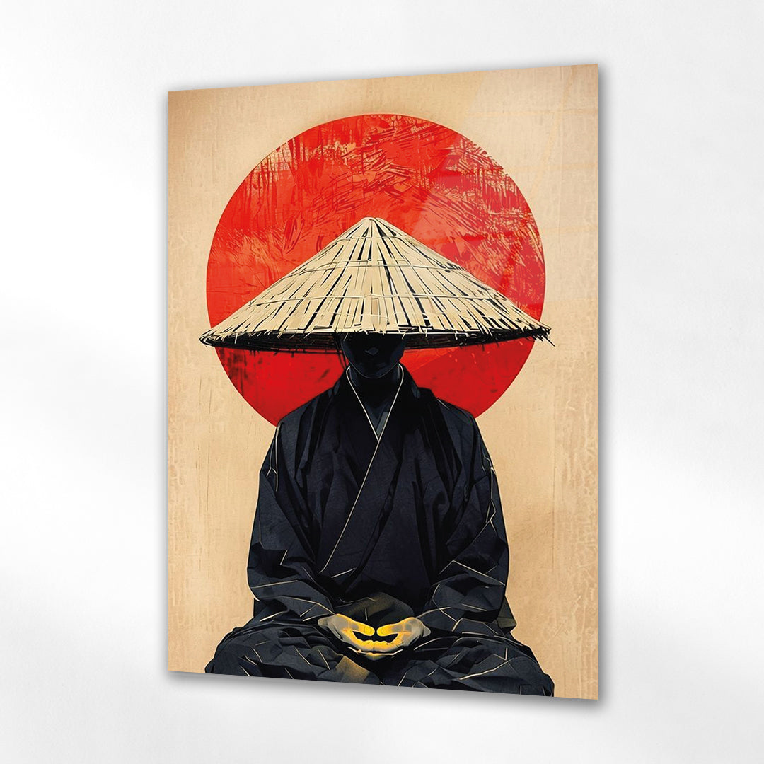 Japon Zen Figürü Cam Tablo – Kırmızı Güneş Arka Plan