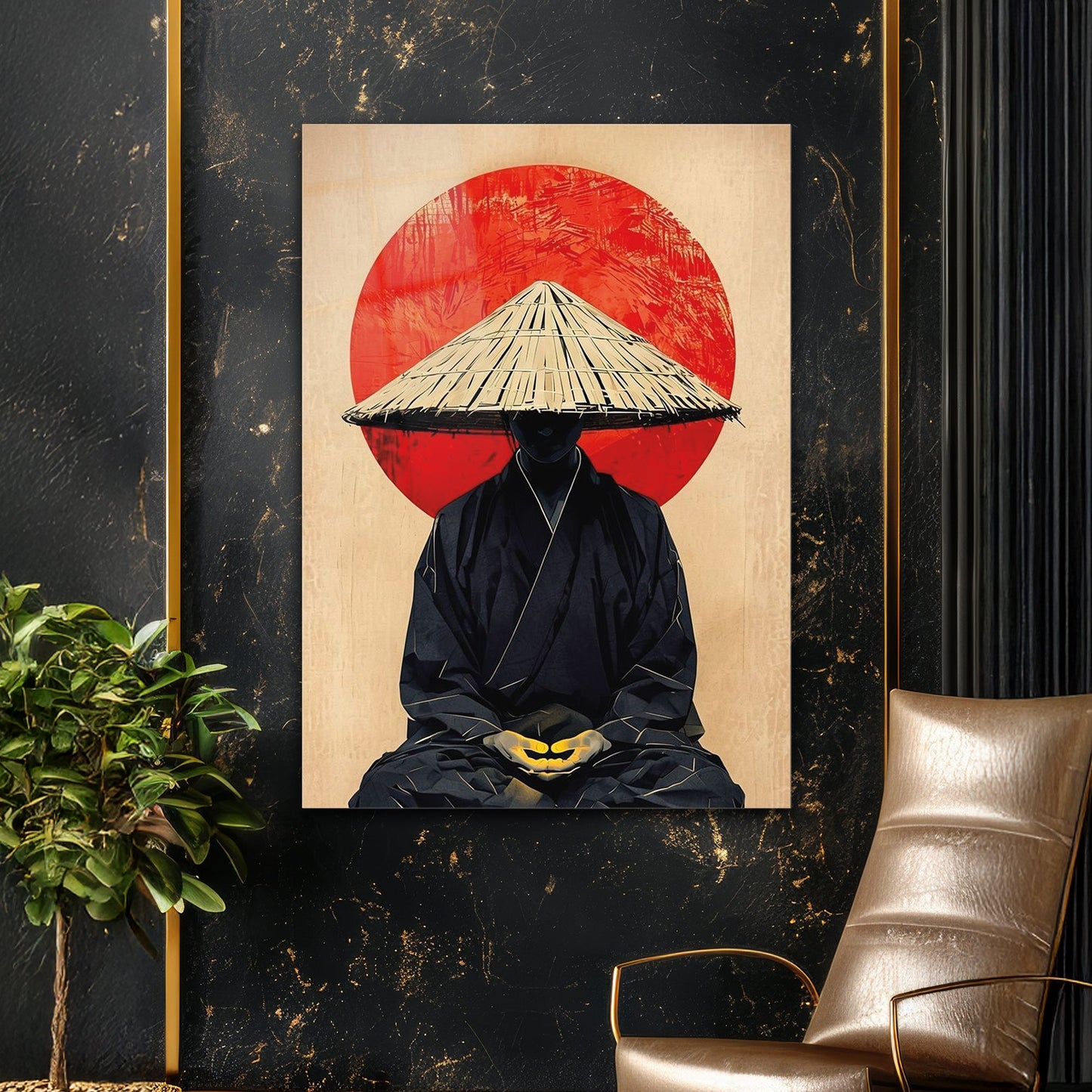 Japon Zen Figürü Cam Tablo – Kırmızı Güneş Arka Plan