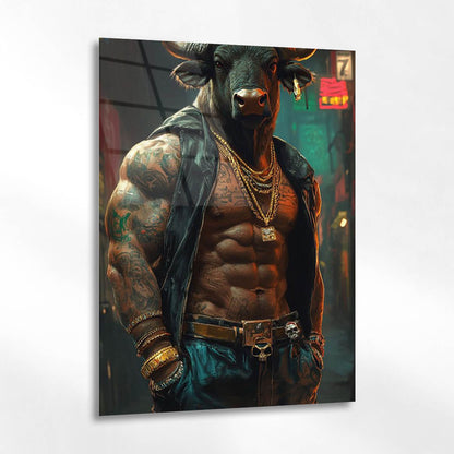 Gangster Boğa Dövmeli Portre Cam Tablo