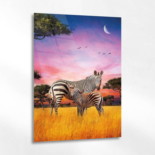 Savana Gün Batımı ve Zebralar Cam Tablo