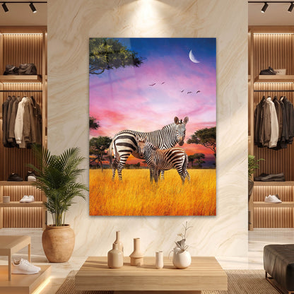 Savana Gün Batımı ve Zebralar Cam Tablo
