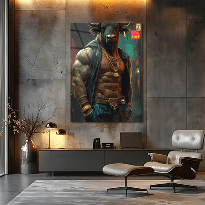 Gangster Boğa Dövmeli Portre Cam Tablo