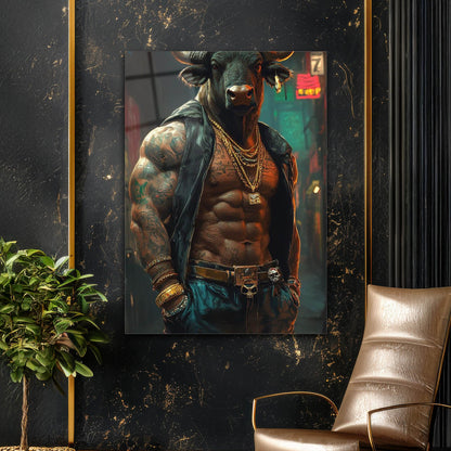 Gangster Boğa Dövmeli Portre Cam Tablo