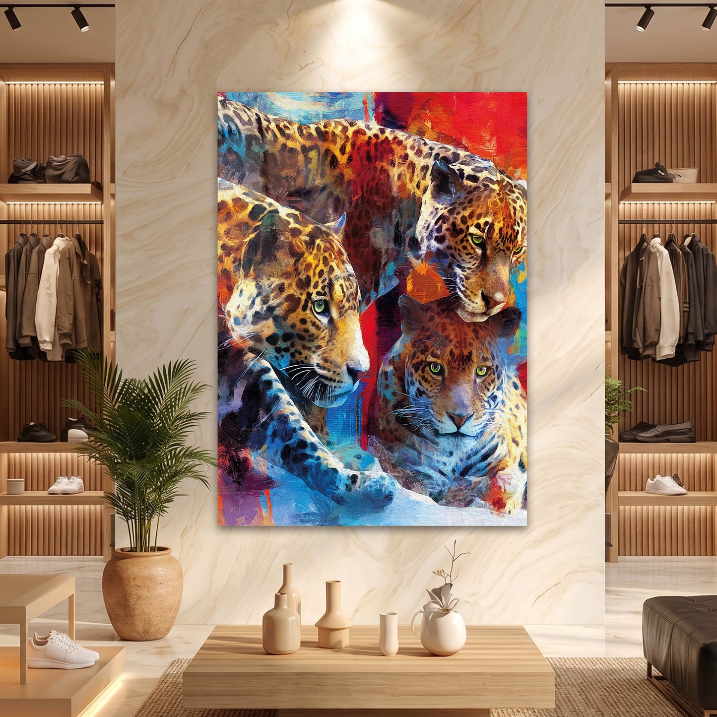 Sanatsal Renkli Leopar Ailesi Cam Tablo