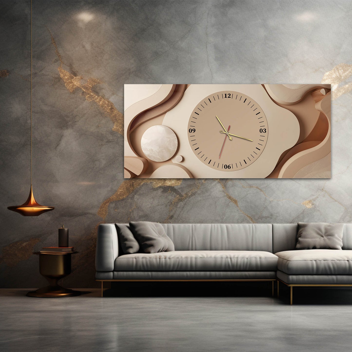 Bej Minimal Tasarımlı Modern - Saatlı Cam Tablo