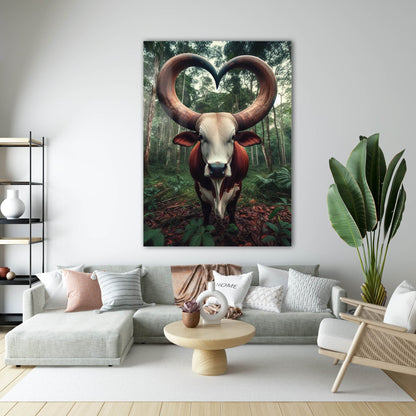 Kalp Boynuzlu Boğa Orman Cam Tablo