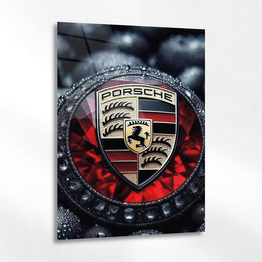 Porsche Logo Kırmızı Elmas Efekt Cam Tablo