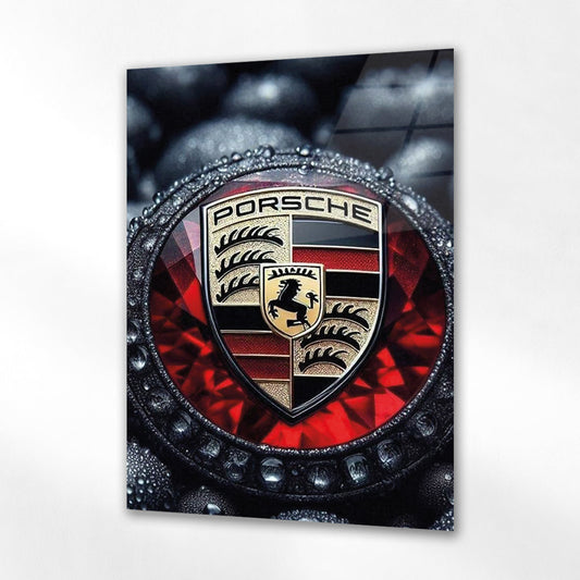 Porsche Logo Kırmızı Elmas Efekt Cam Tablo