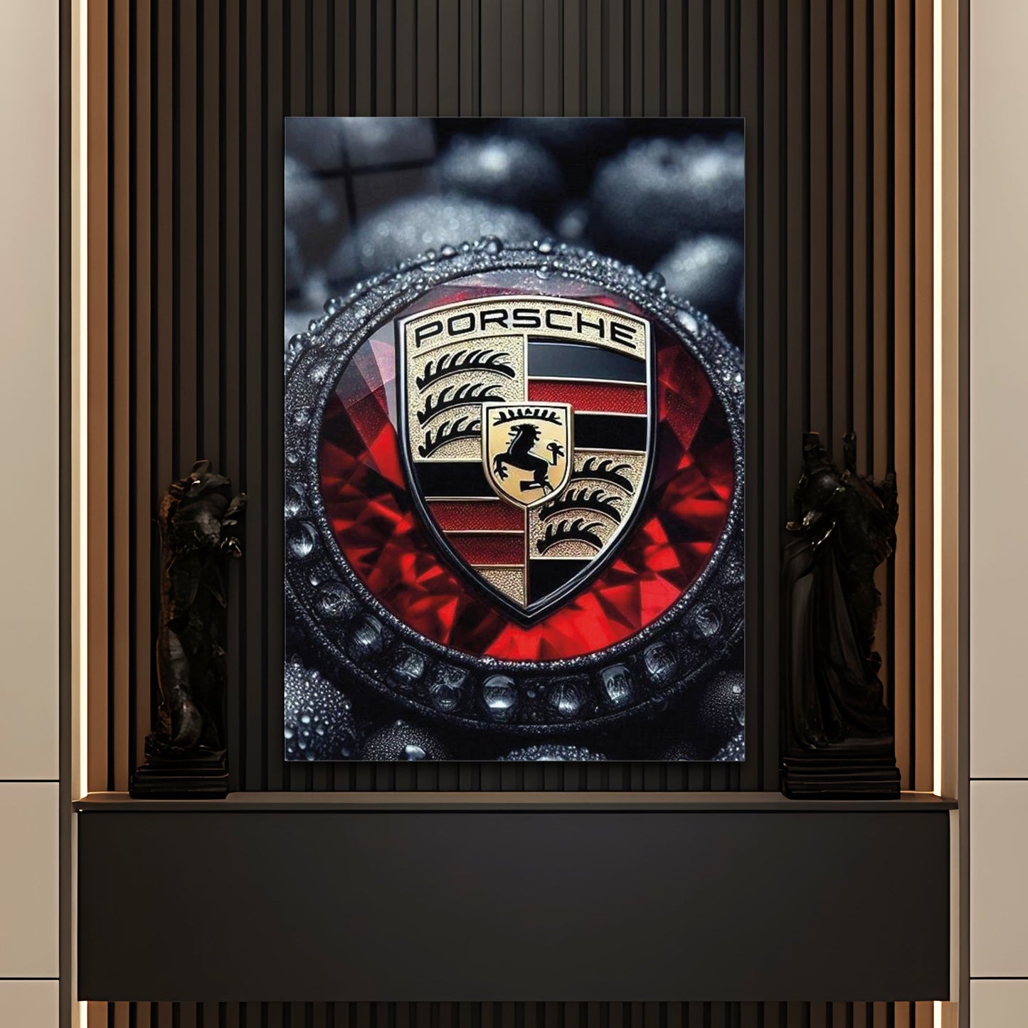 Porsche Logo Kırmızı Elmas Efekt Cam Tablo