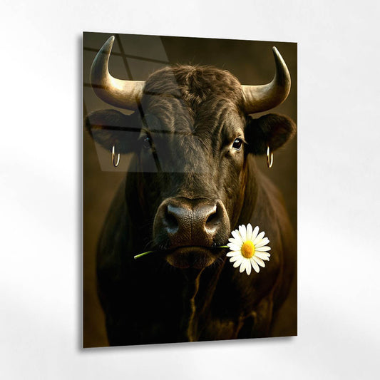 Papatyalı Siyah Boğa Portre Cam Tablo
