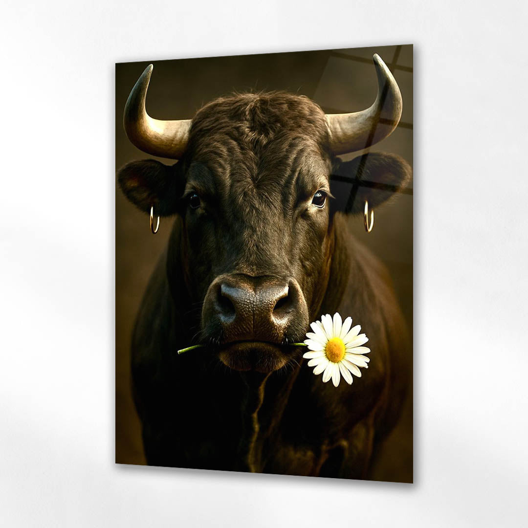 Papatyalı Siyah Boğa Portre Cam Tablo