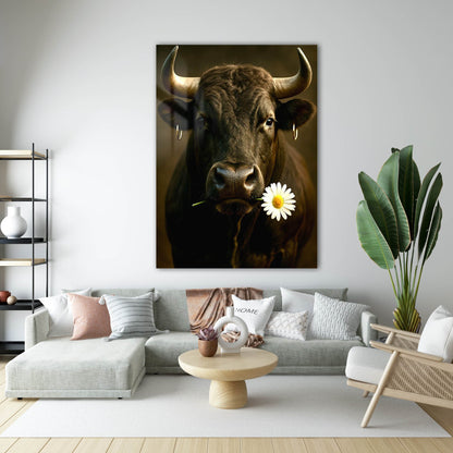 Papatyalı Siyah Boğa Portre Cam Tablo