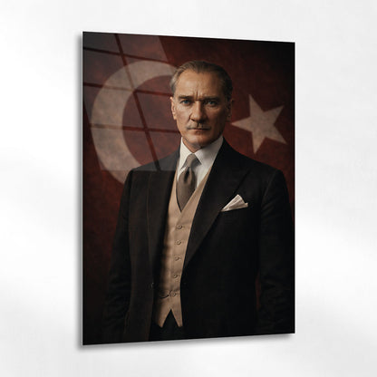 Atatürk Bayraklı Klasik Vestiyer Portre Cam Tablo