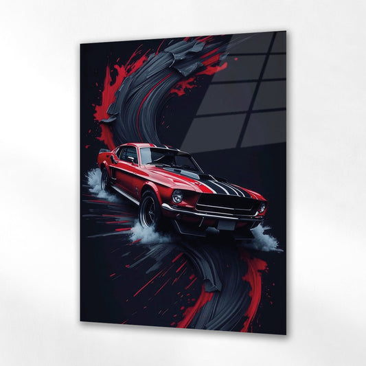 Klasik Mustang Kırmızı Sanat Cam Tablo